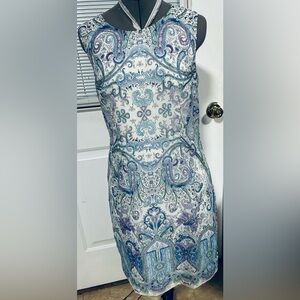 Sleeveless Paisley Sheath Dress - White with Blue & Green